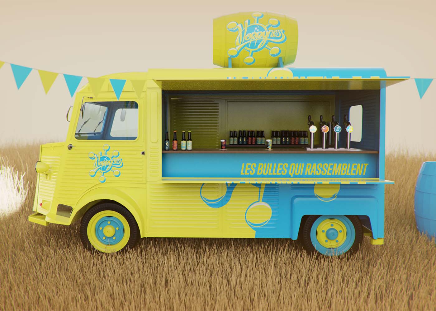 Vue de côté, bar ouvert, du design du covering du foodtruck pour la brasserie Hoppyness