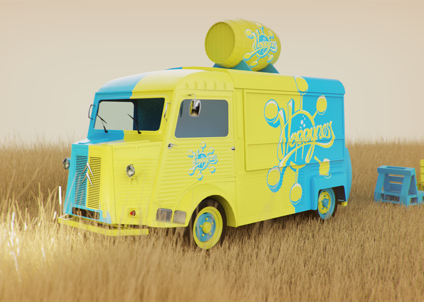 Vue de trois quart, bar fermé, du design du marquage du foodtruck de la brasserie Hoppyness