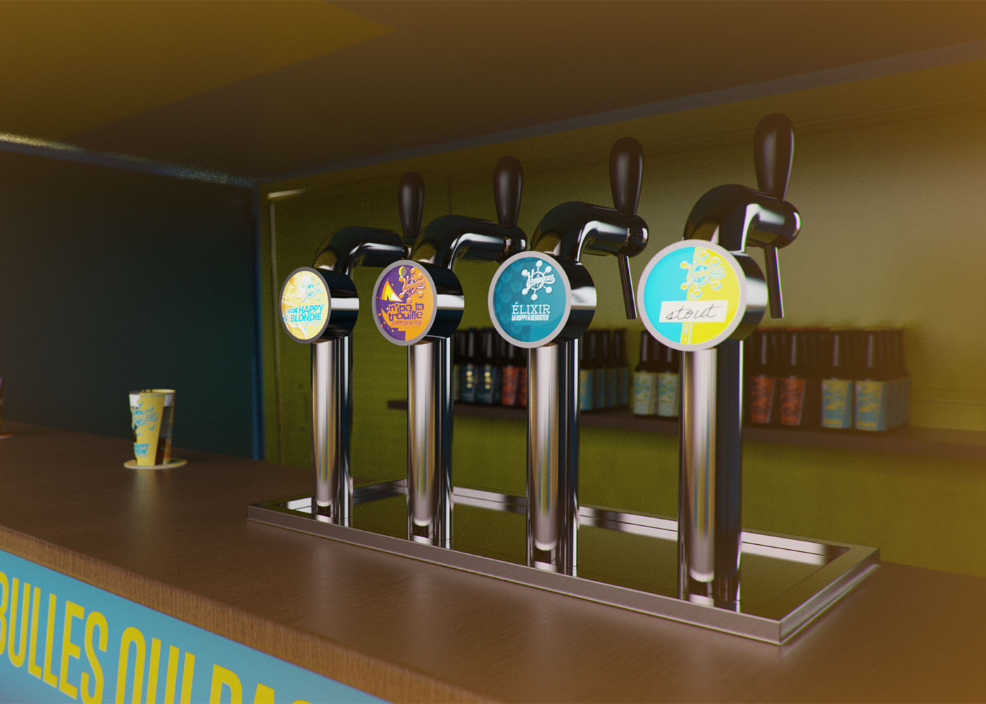 Zoom sur le design graphique des cavaliers pompe, dans le foodtruck de la brasserie Hoppyness