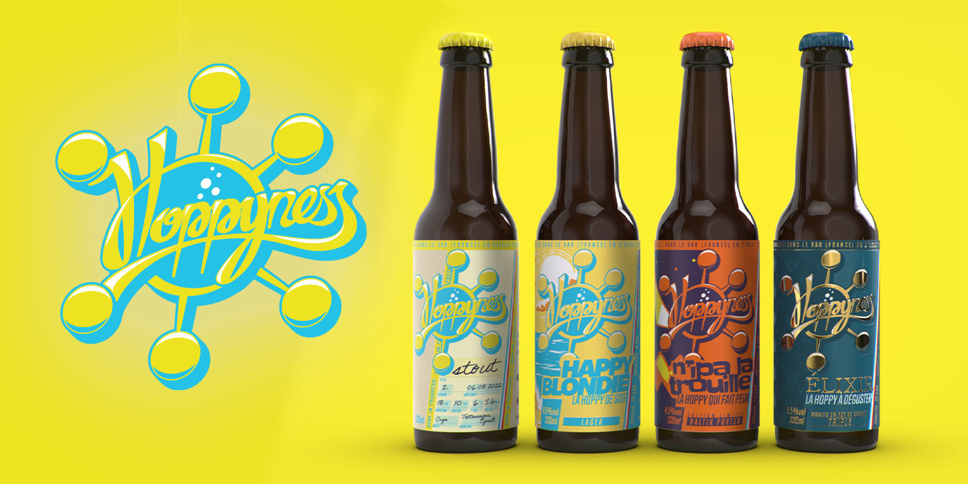 Hoppyness, brasserie artisanale. Design de la gamme de bouteilles 33cl
