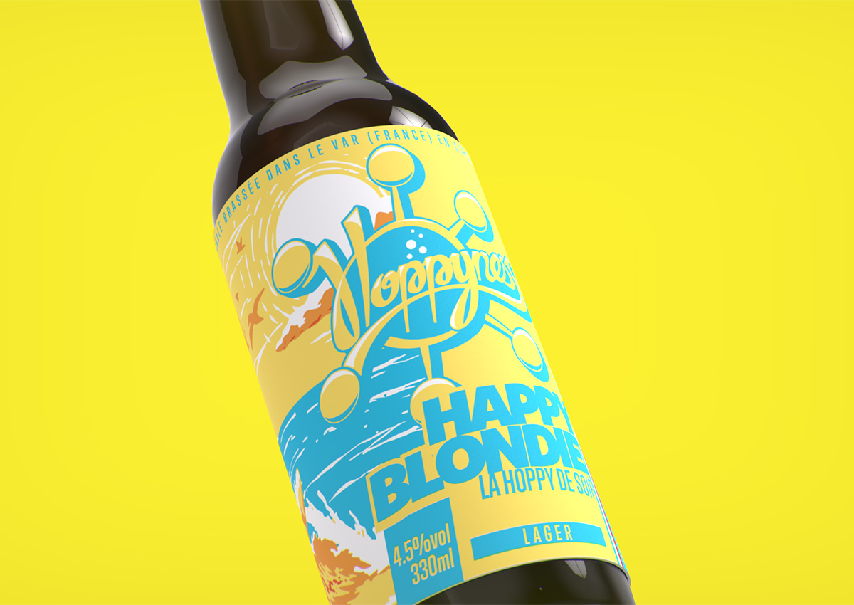 Details du design graphique  de l'étiquette de la bière blonde Happy Blondie
