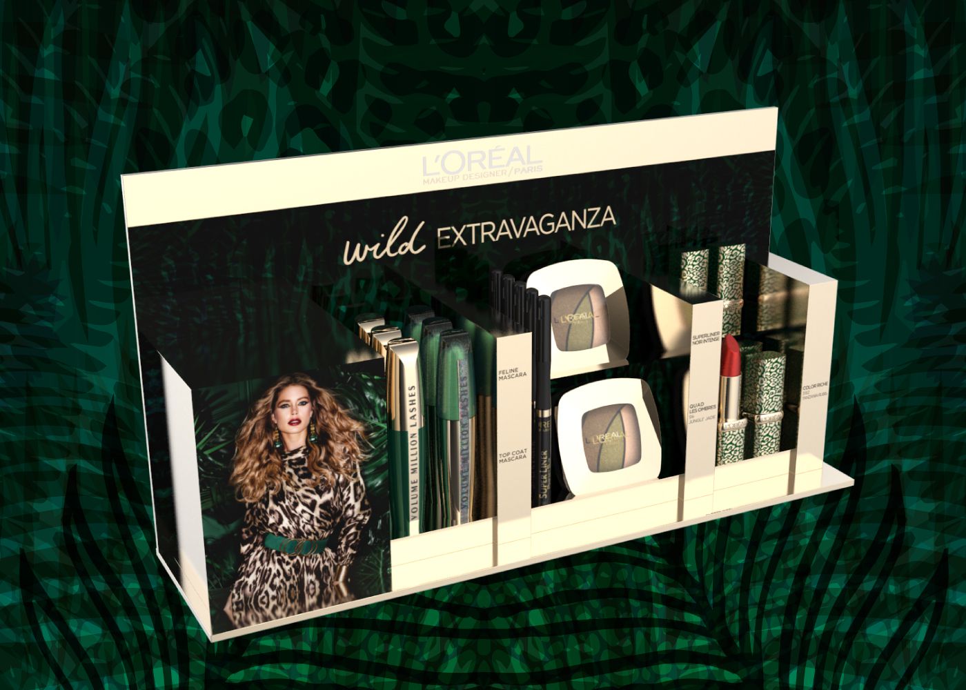 Vue en perspective d'un display pour mascaras, fond de teint et rouges à lèvres, proposé par L'Oreal pour noël sur le thème Extravanganza Look